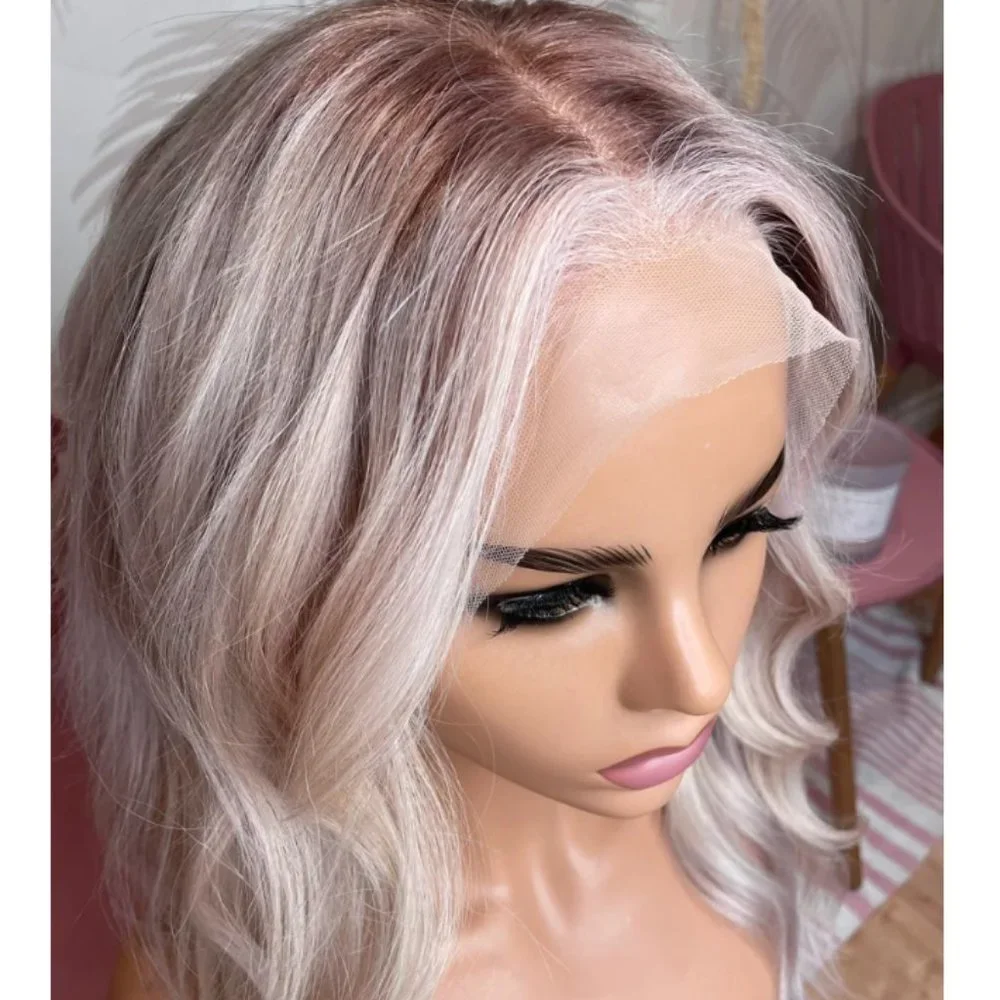 NEW WIG 100% Human Hair Icy Platinum Money Piece & Ashy Blonde Shaded Root